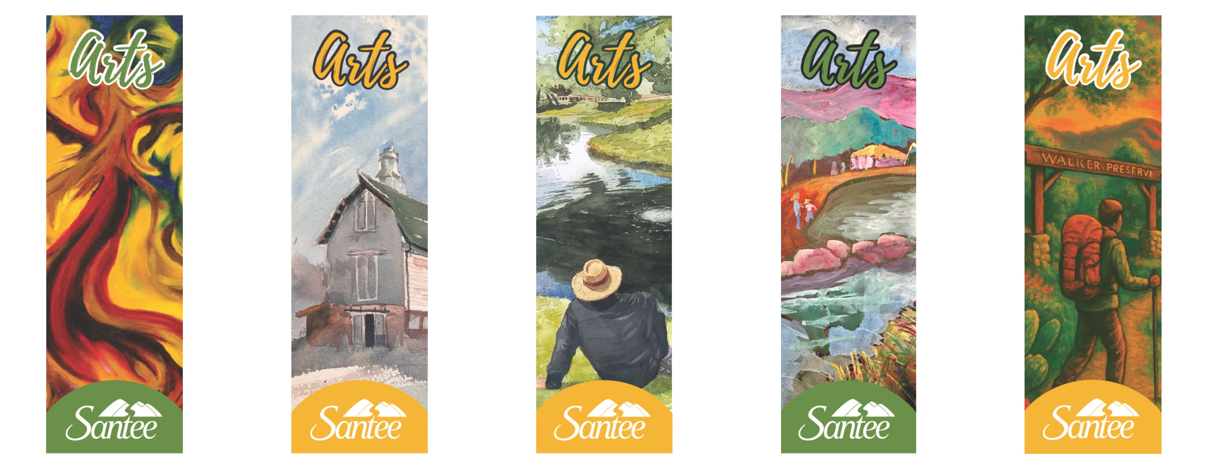 All five of the Santee Art Banners. Each banner reads Arts and has the Santee, California logo. Each banner has a different art piece on it.