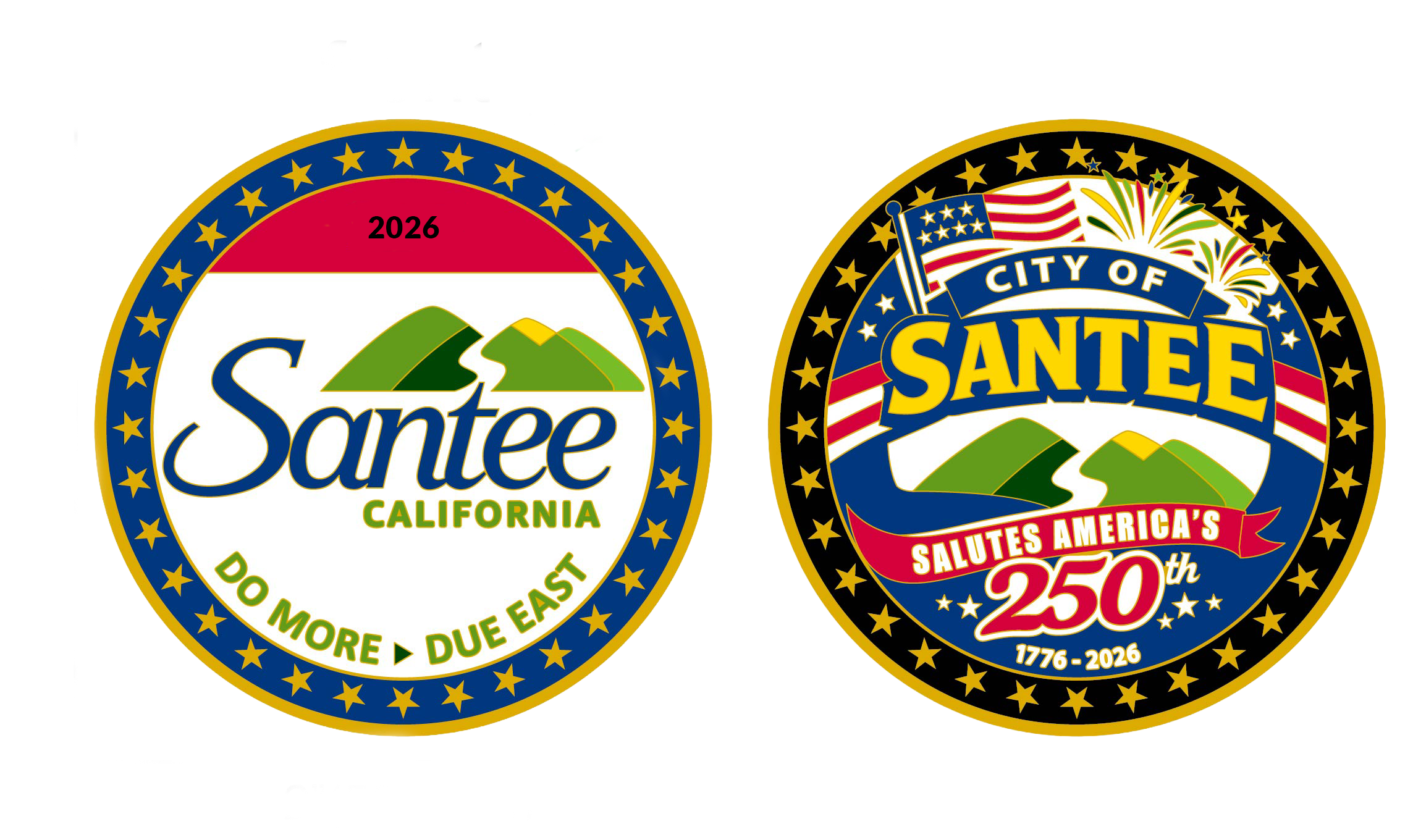 Challenge coins featuring the City of Santee logo, City of Santee America250th and the year 2026
