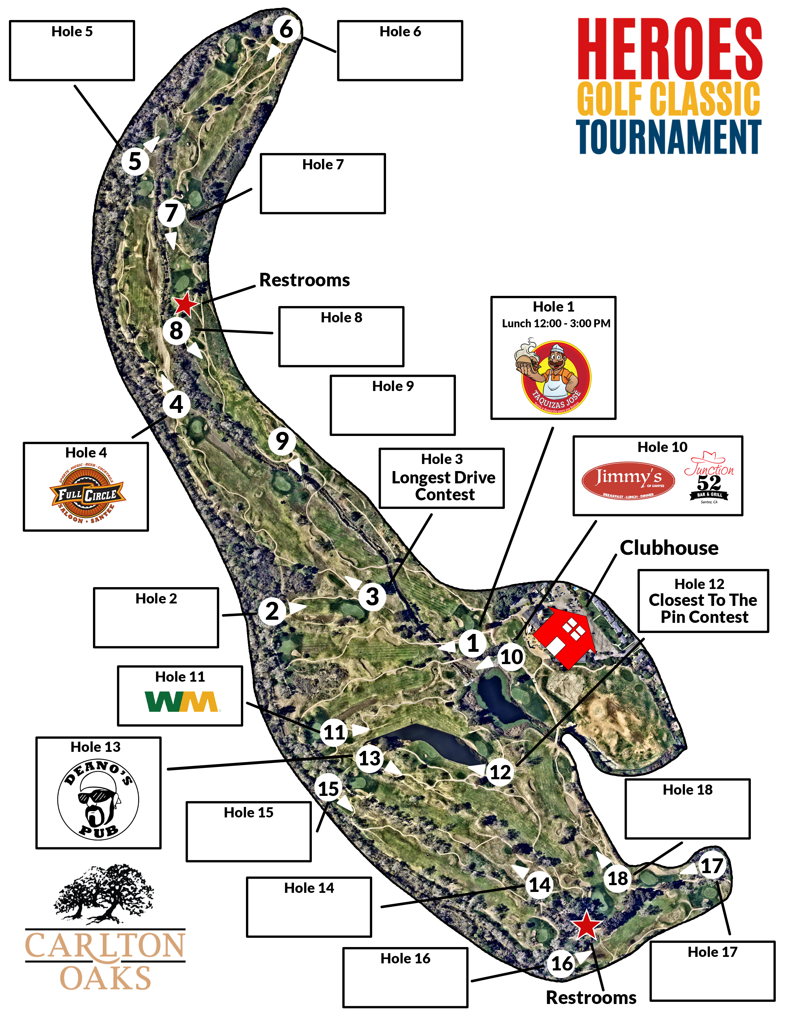 A map showing the club house and hole locations at the Carlton Oaks Golf Course